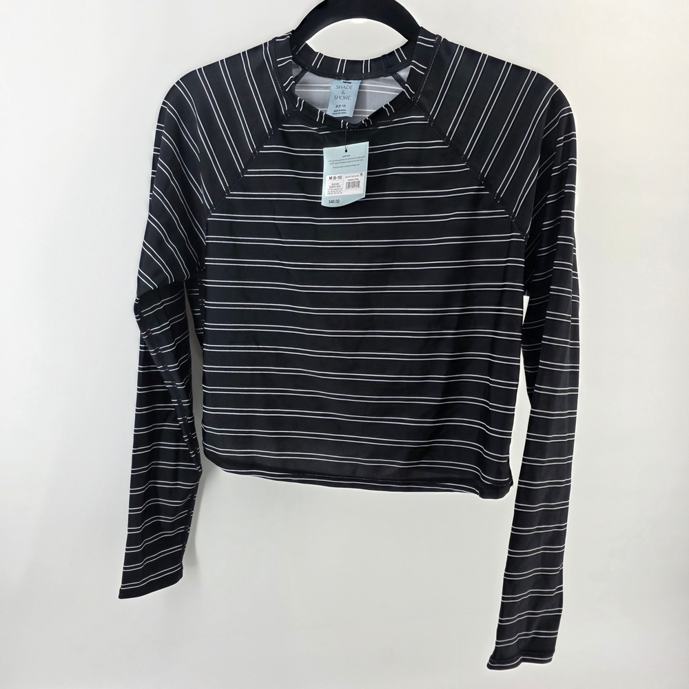 Shade & Shore Womens Black White Striped Long Sleeve Rash Guard UPF 50+ Medium
